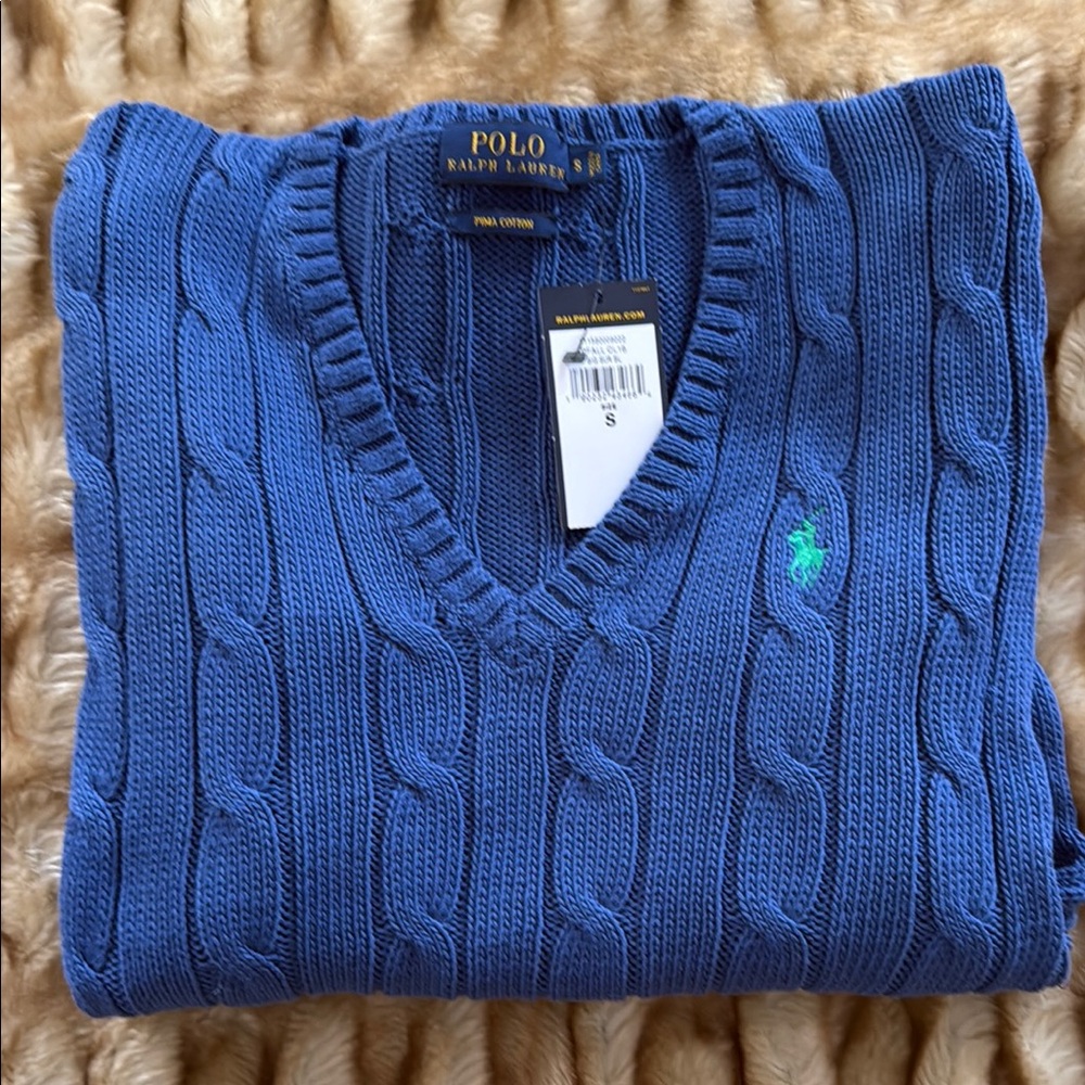 NWT Polo by Ralph Lauren Pima Cotton Blue V-Neck Cable-Knit Sweater size S